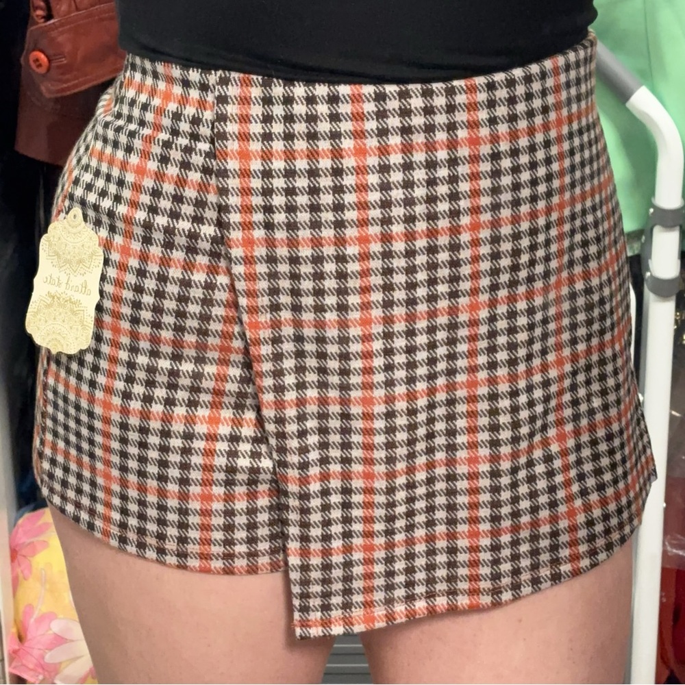 NWT Altar'd State Orange and Black Plaid Skort Skirt Shorts L